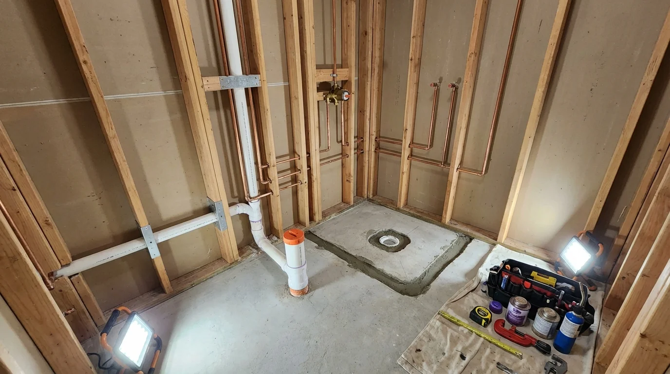 Bathroom rough-in plumbing during remodel by Johns Plumbing LLC in Avon Lake