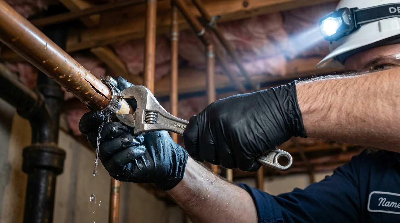 Emergency pipe clamp repair being performed by a Johns Plumbing LLC plumber in Avon Lake