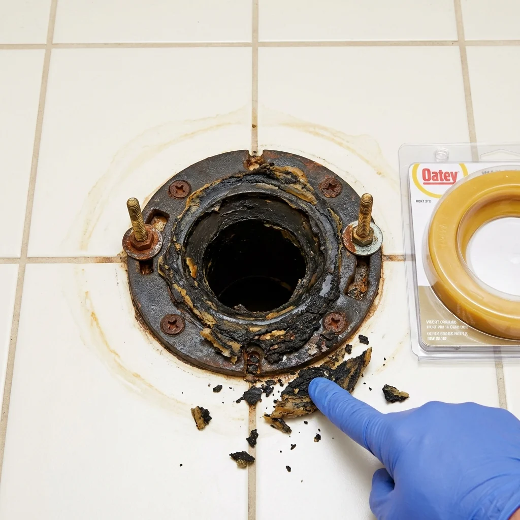 Failed wax ring showing water seepage at the base of a toilet in a Avon Lake, OH home