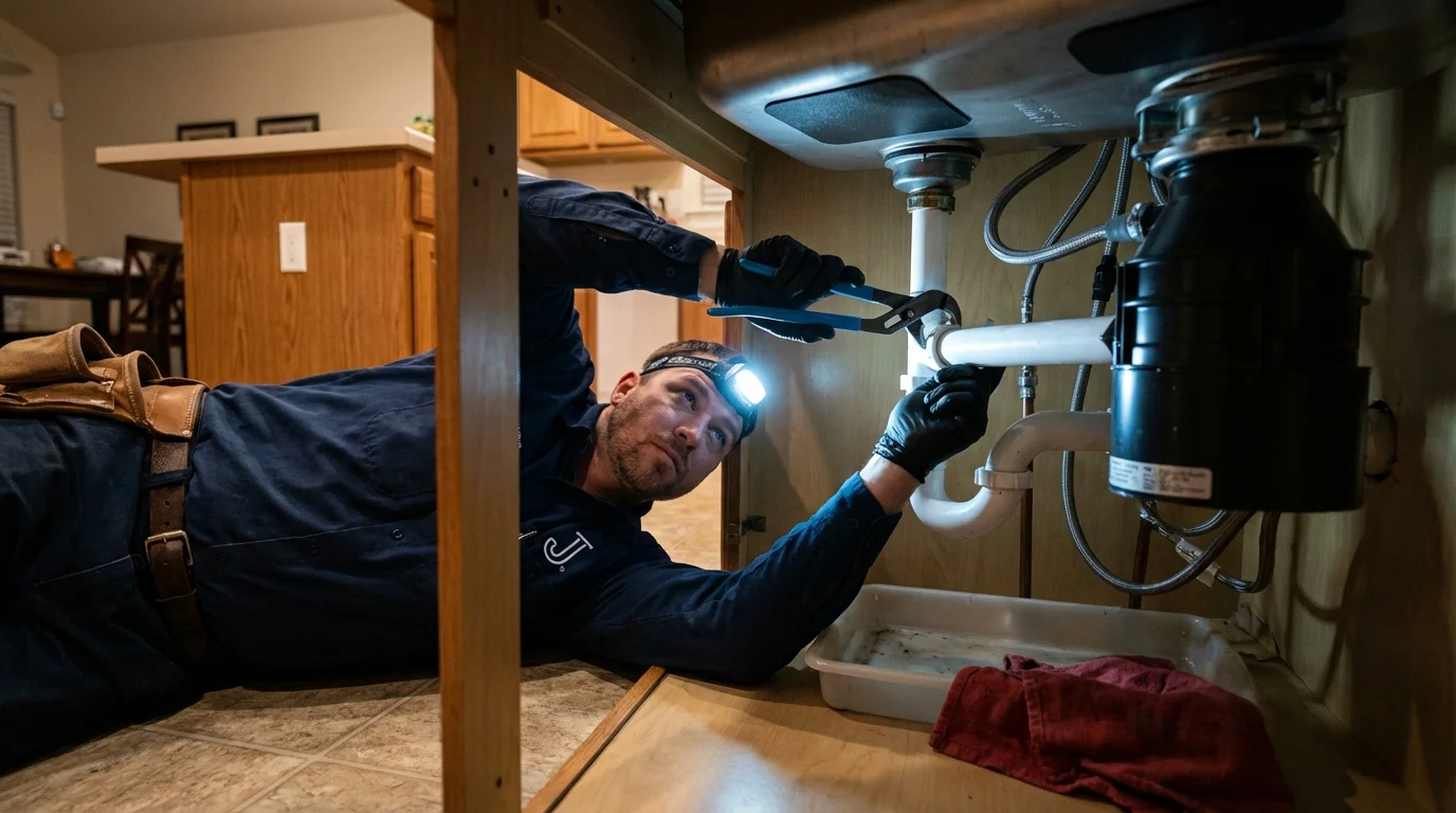 P-trap and supply line connections under a kitchen sink showing a common leak point in Avon Lake, OH